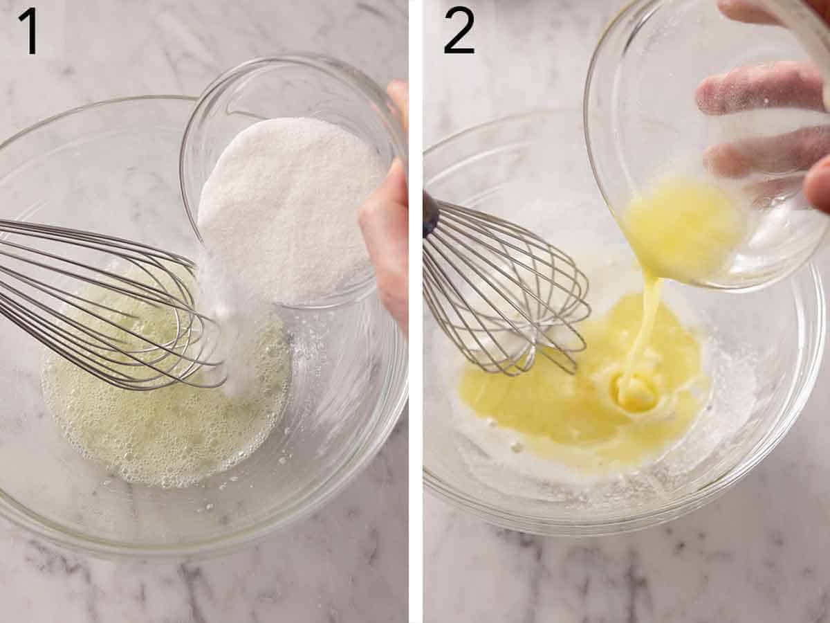 Set of two photos showing sugar and melted butter whisked into egg whites.