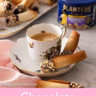 Pinterest graphic of a plate with two chocolate dipped tuiles and a small cup of coffee. More in the back with a container of nuts.