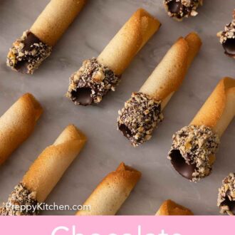 Pinterest graphic of an overhead view of a single layer of chocolate dipped tuiles.