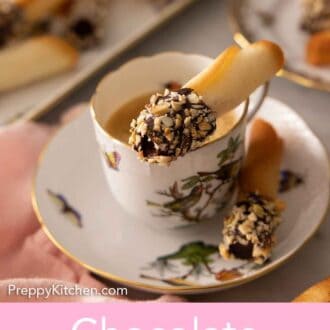 Pinterest graphic of a chocolate dipped tuile balanced on top of a mug of coffee.