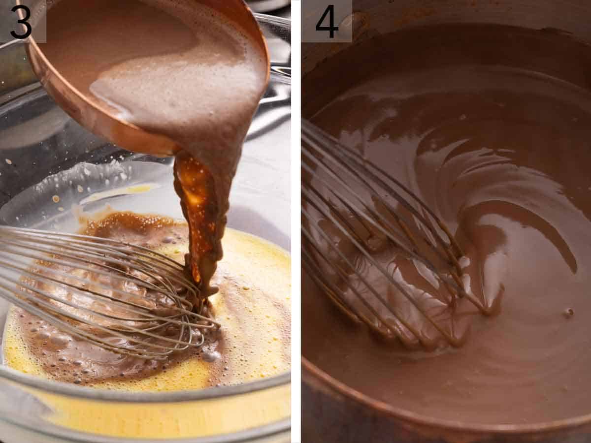 Set of two photos showing the cocoa mixture poured into the egg mixture and whisked to combine.
