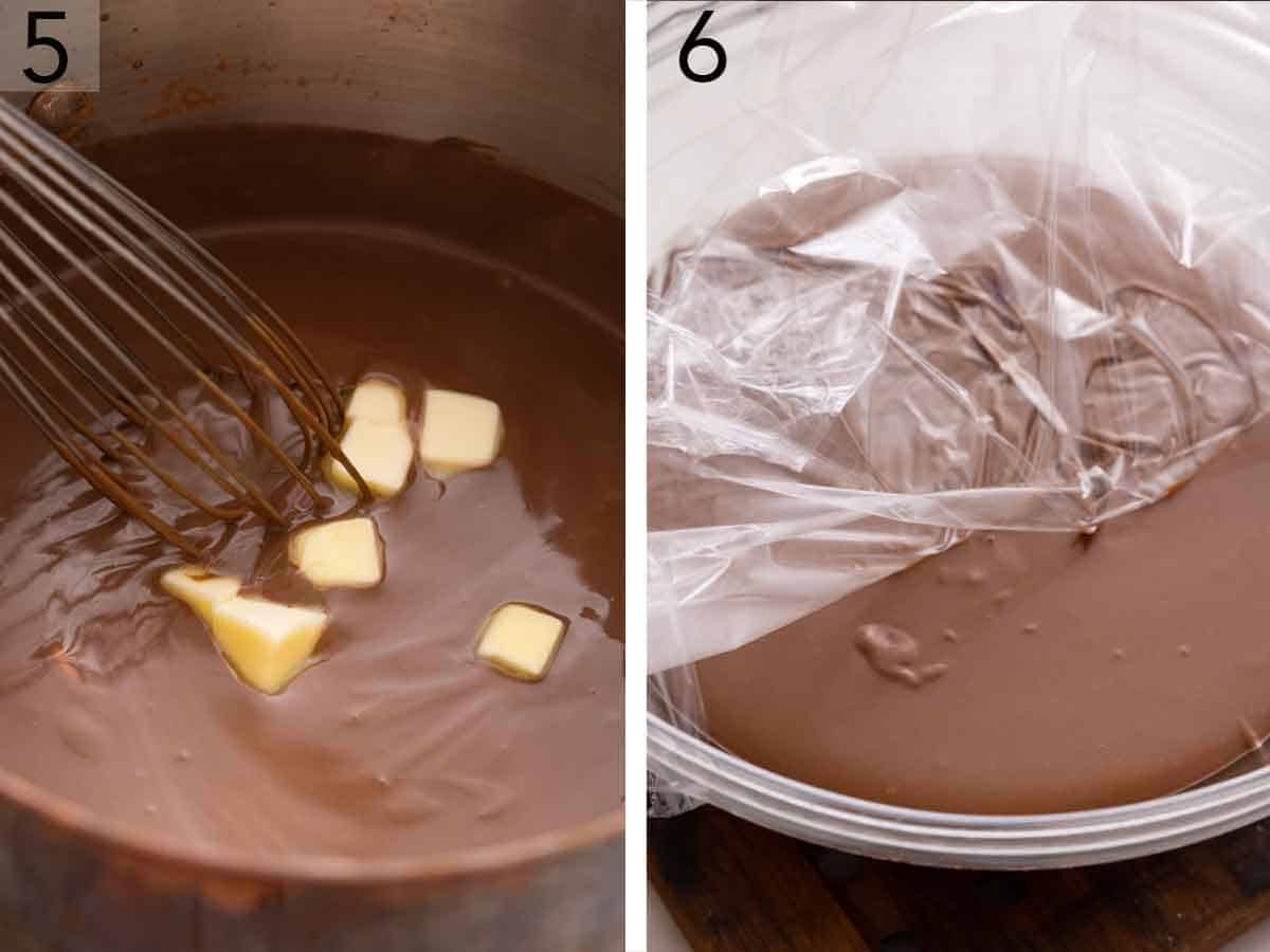 Set of two photos showing cubed butter added to the chocolate mixture and covered with plastic to set.