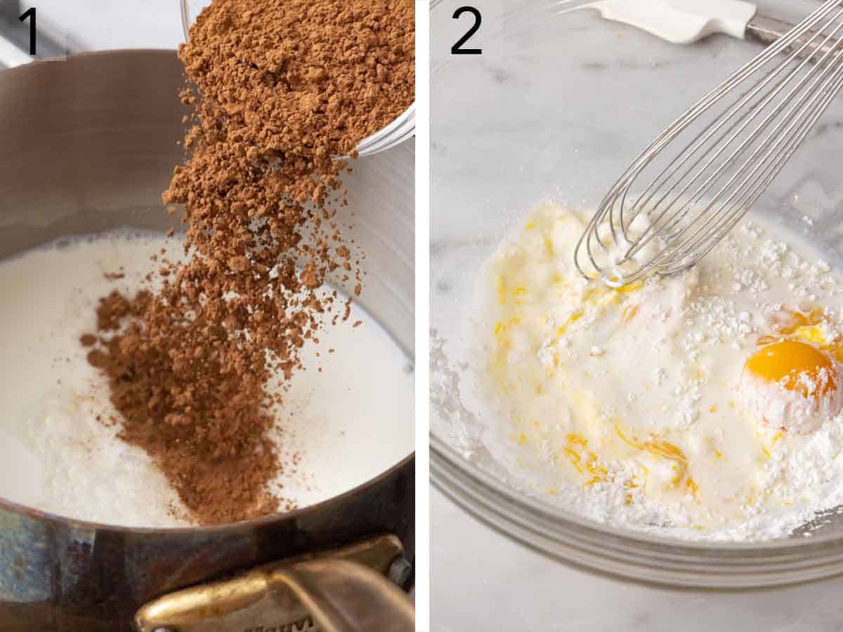 Set of two photos showing cocoa powder added to milk and egg yolks mixed with cornstarch and milk.