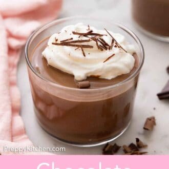 Pinterest graphic of a glass of chocolate pudding with whipped cream and shaved chocolate on top.