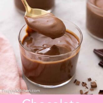 Pinterest graphic of a spoonful of chocolate pudding lifted out of the glass of pudding.