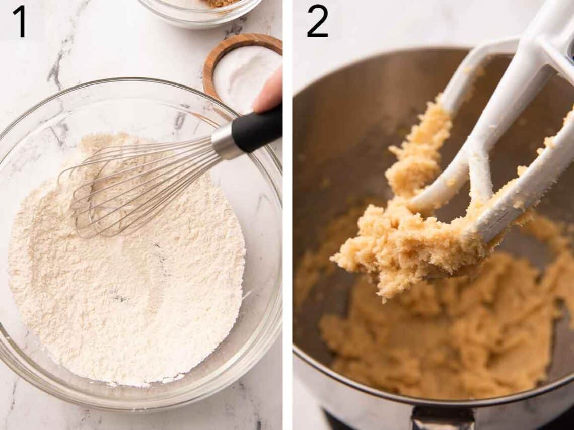 Set of two photos showing dry ingredients whisked together and butter creamed in a mixer.
