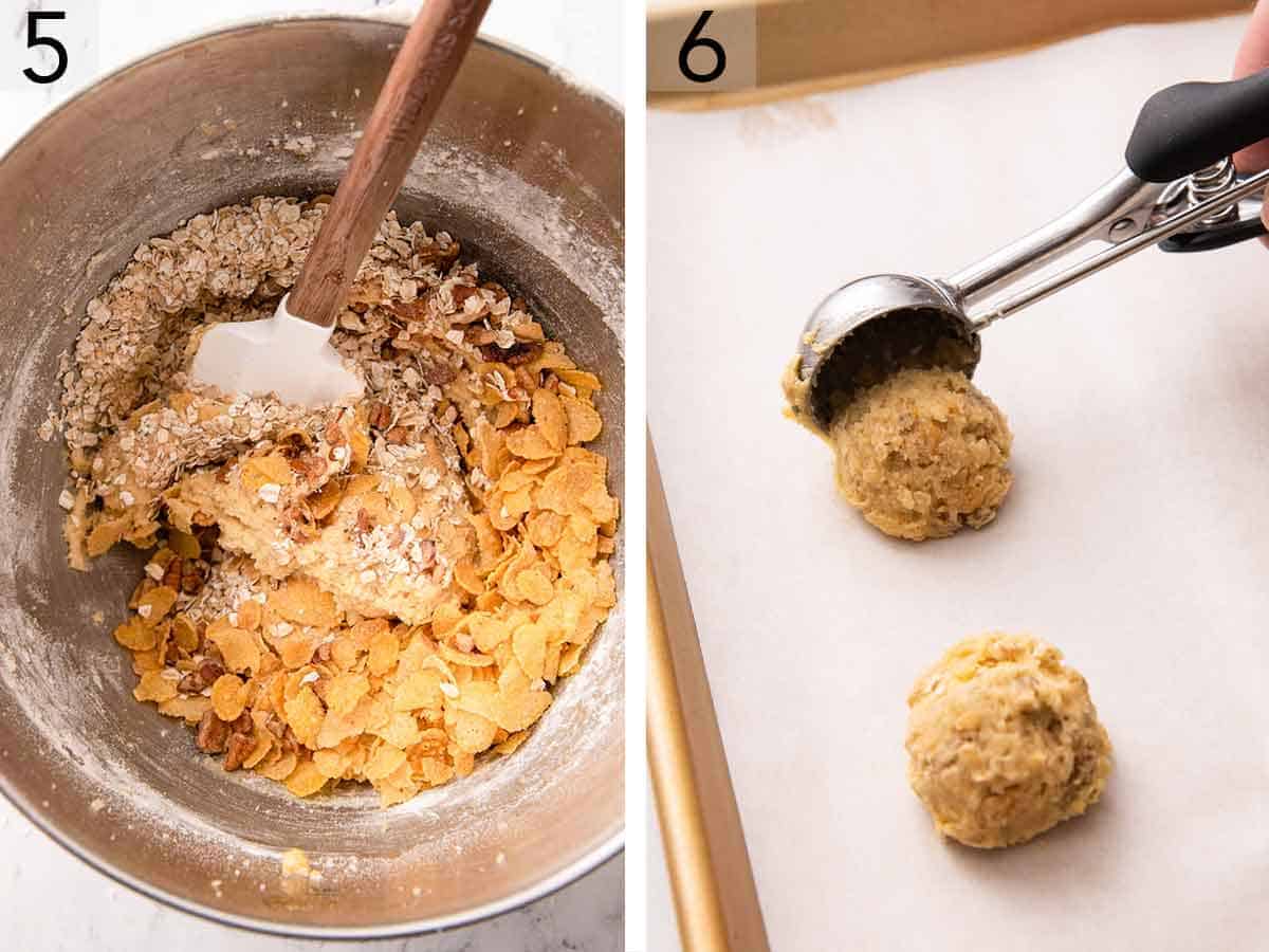 Set of two photos showing oats and cornflakes stirred into cookie batter and scooper onto a sheet pan.