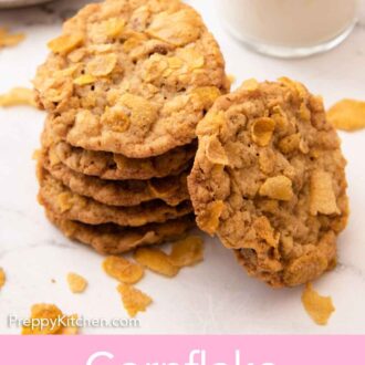 Pinterest graphic of a stack of multiple cornflake cookies with one leaning up against it.