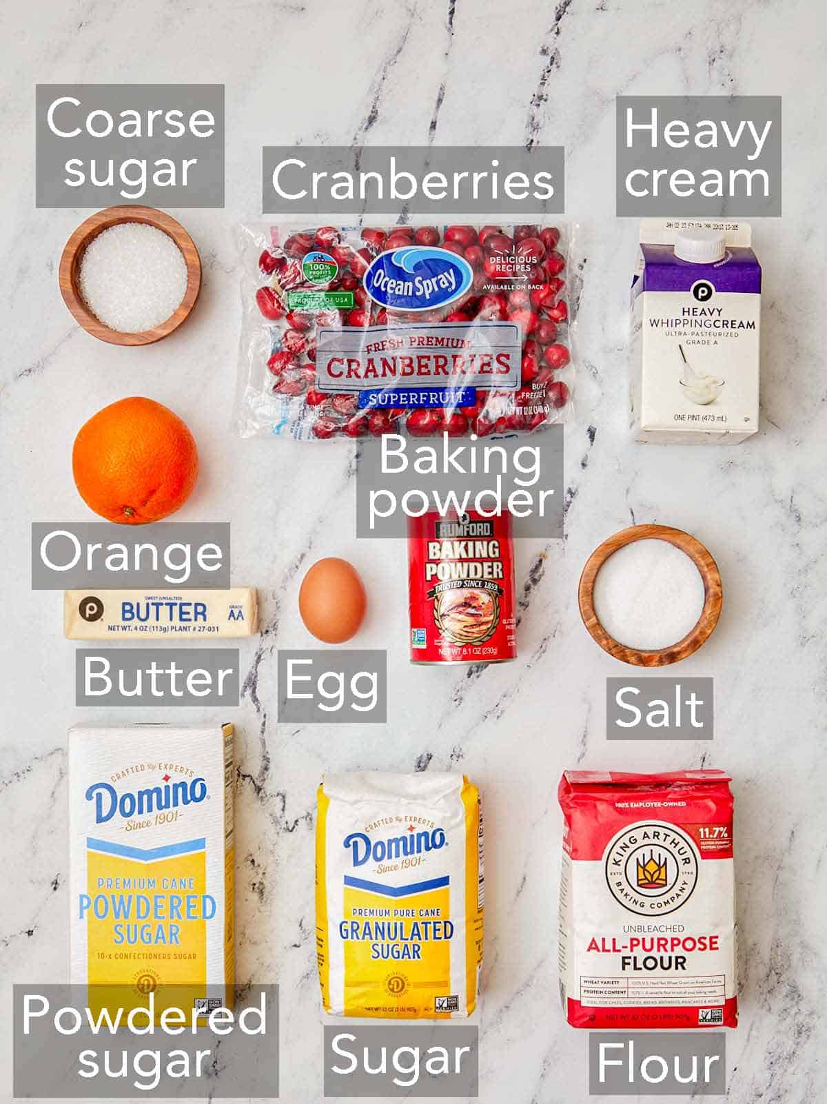 Ingredients needed to make cranberry orange scones.