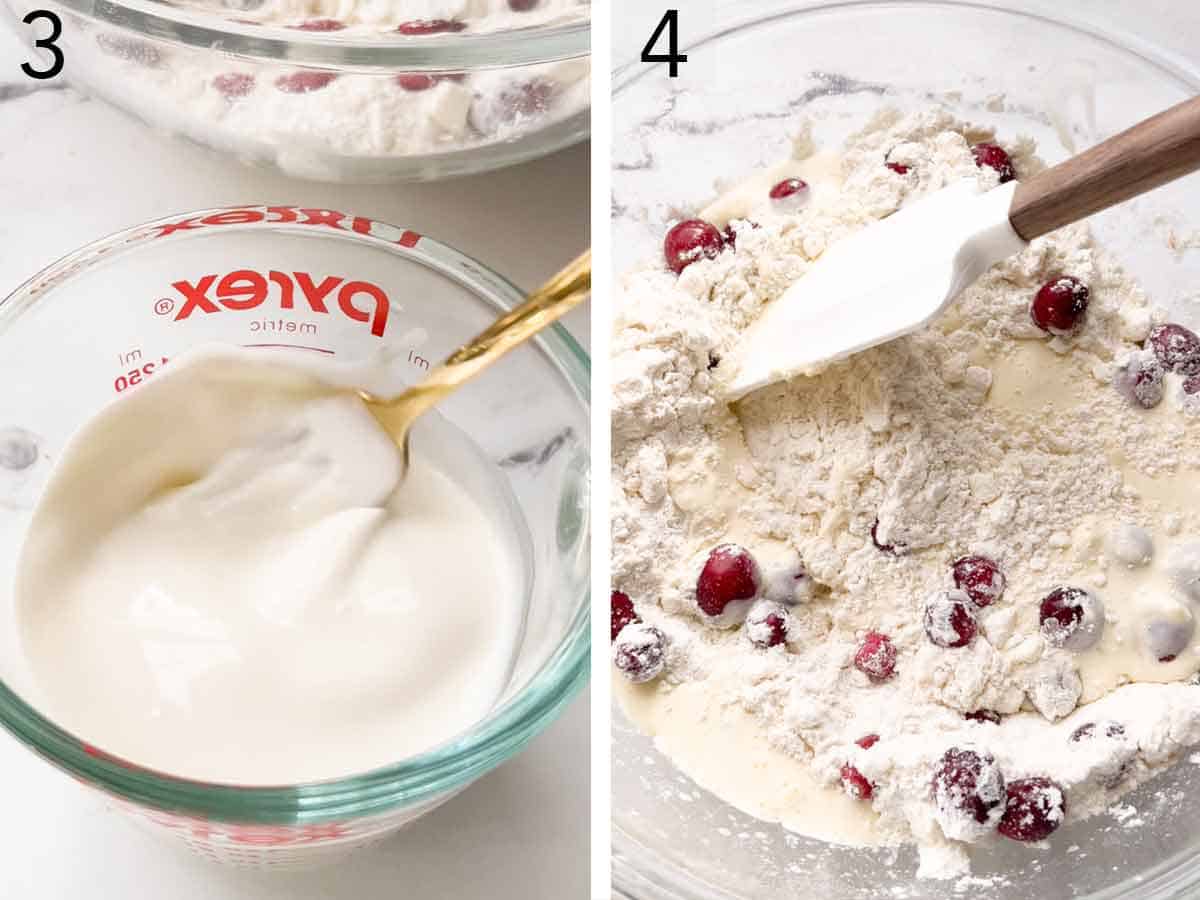 Set of two photos showing cream mixed and poured into the flour mixture.