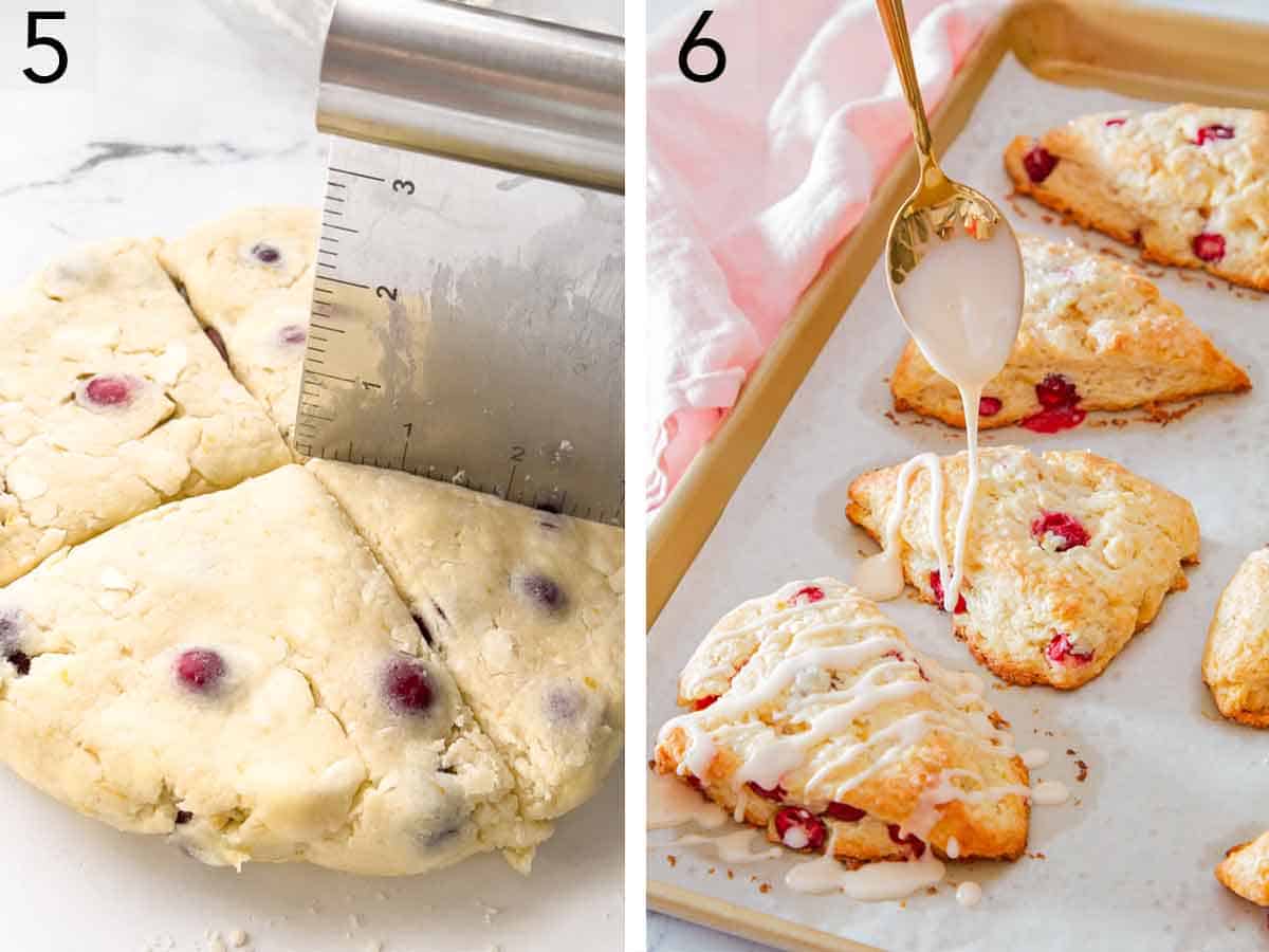 Set of two photos showing dough cut into triangles and glaze drizzled over baked scones.