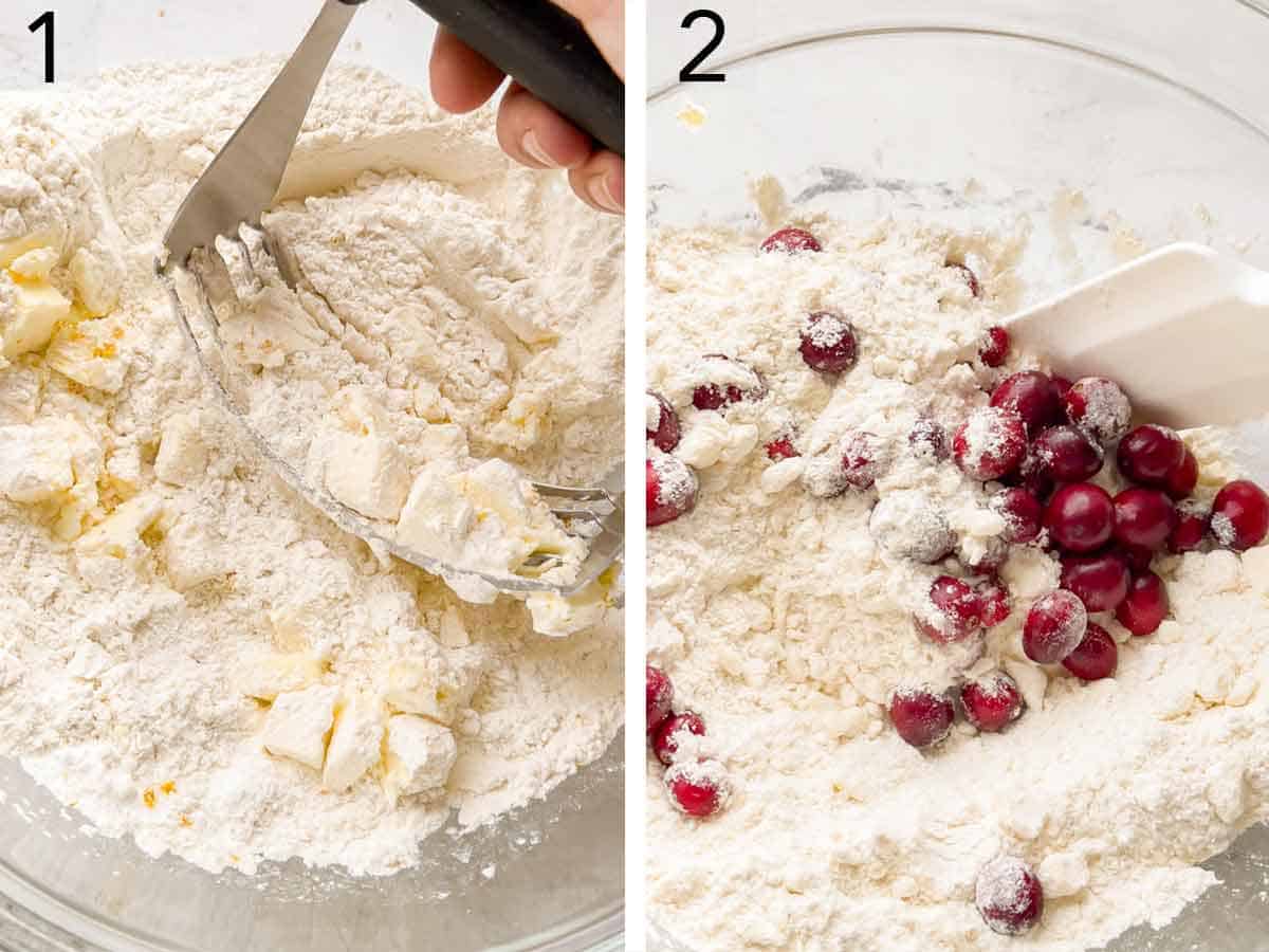 Set of two photos showing butter cut into flour and cranberries stirred into the flour.