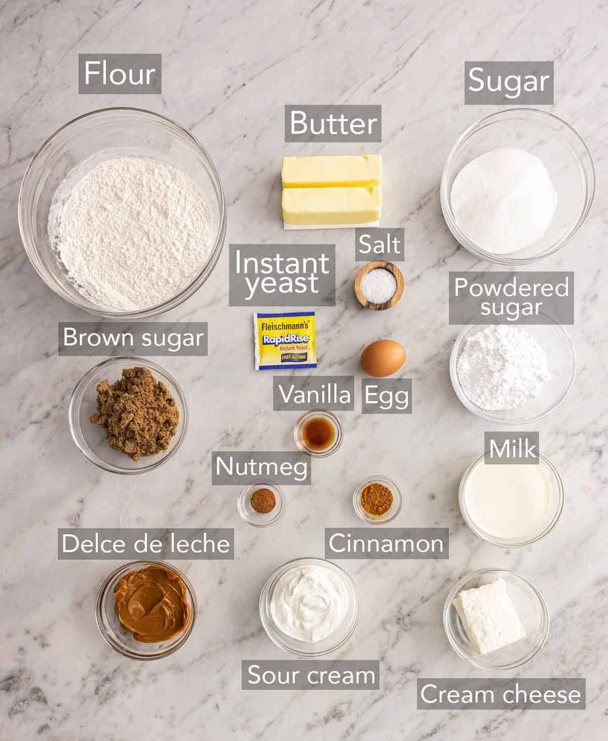 Ingredients needed to make dulce de leche cinnamon rolls.