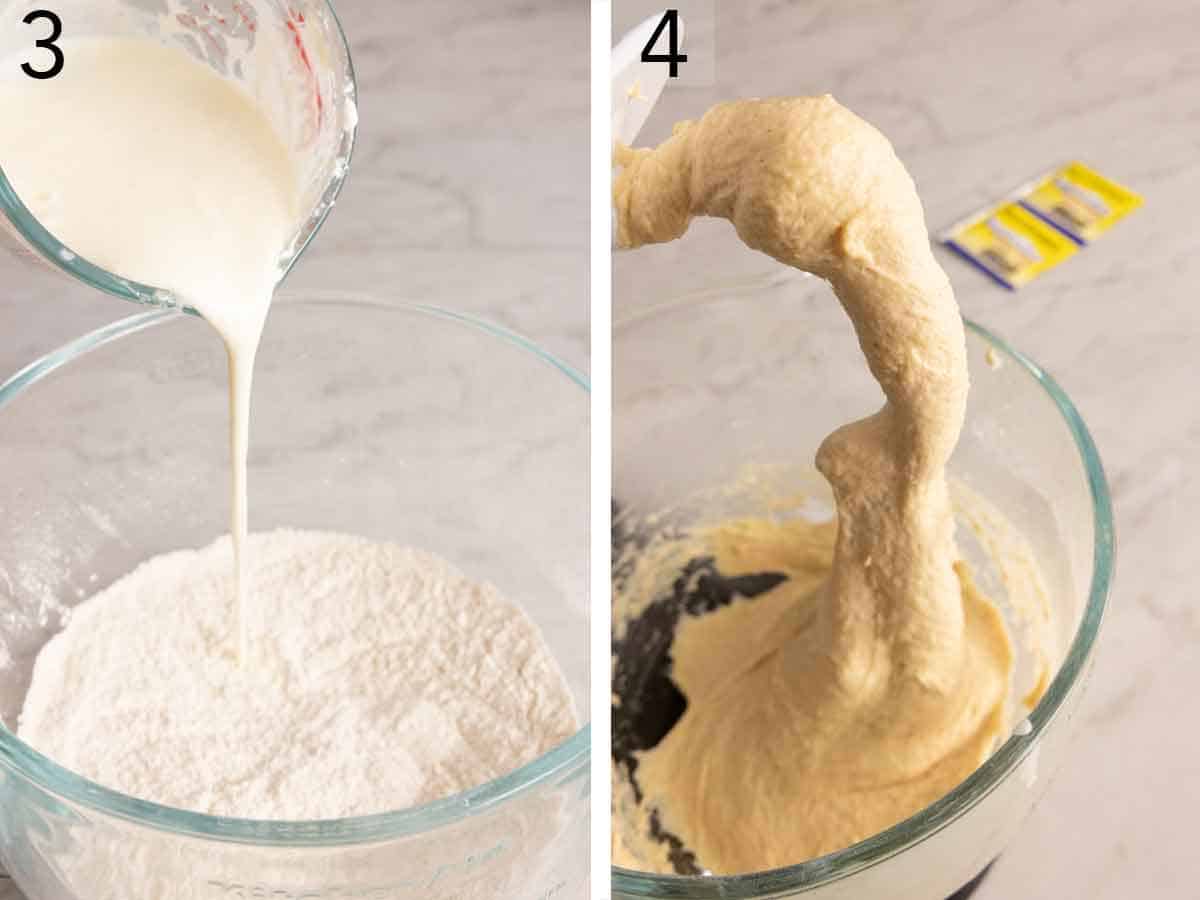 Set of two photos showing wet ingredients added to the dry ingredients and mixed to form a bough.
