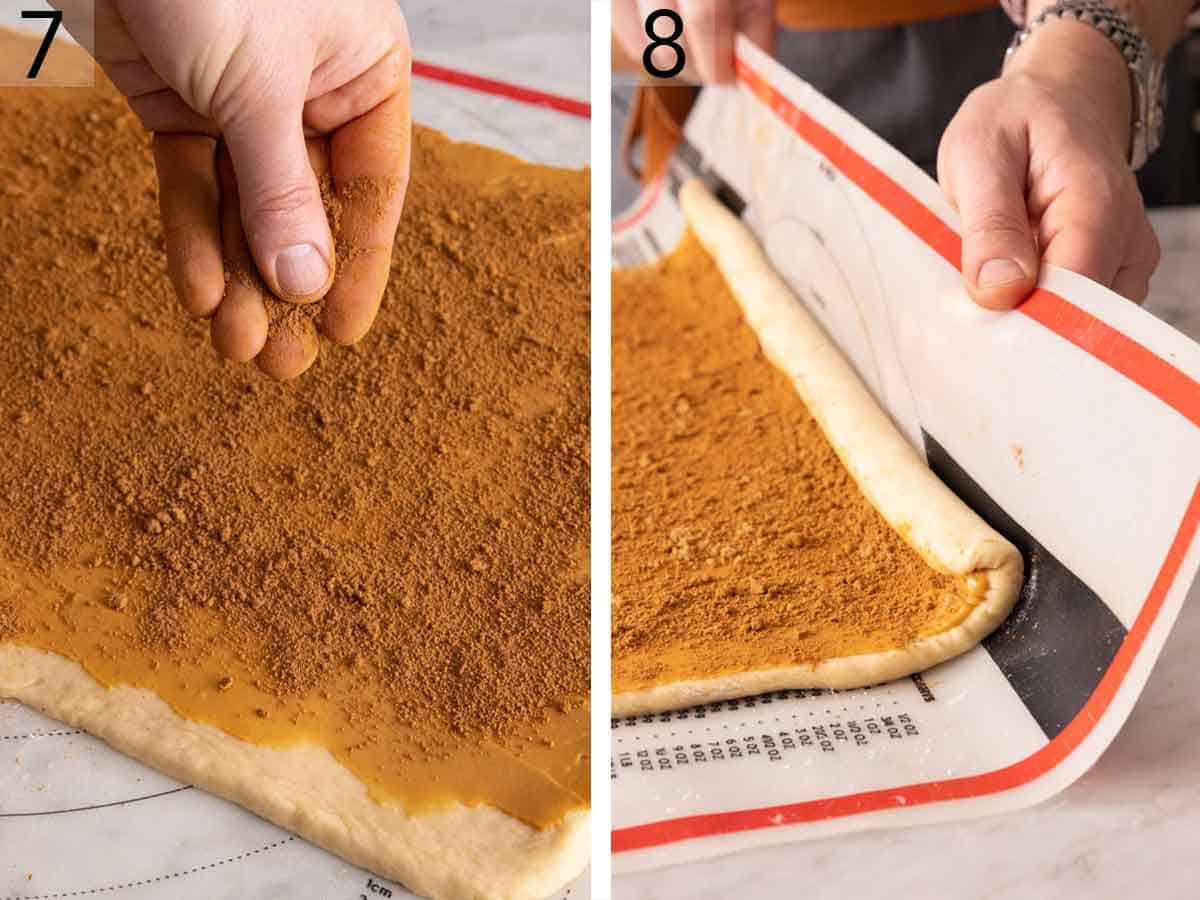 Set of two photos showing cinnamon sprinkled over the dough and filling before being rolled.