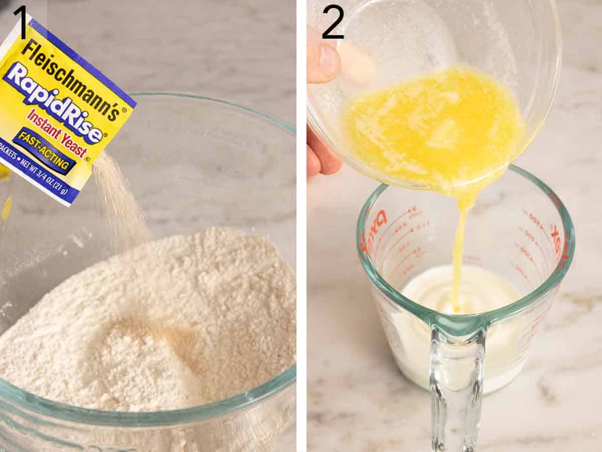 Set of two photos showing yeast added to flour and melted butter added to milk.