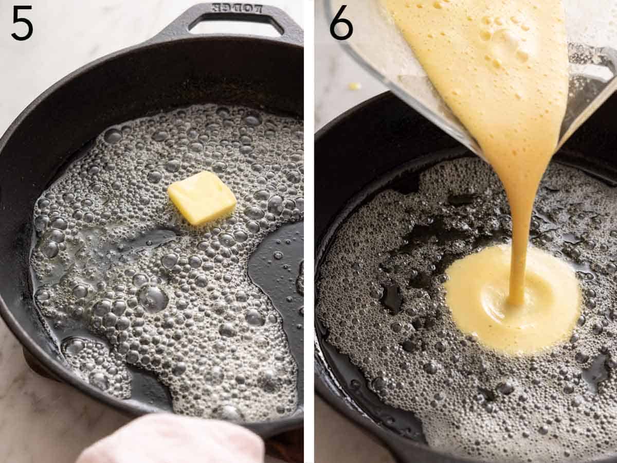 Set of two photos showing butter melted in a cast iron skillet and batter poured into the skillet.