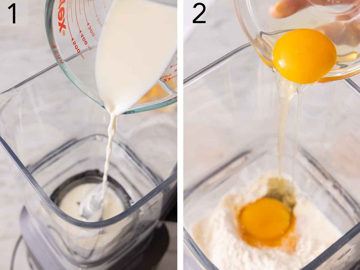 Set of two photos showing milk and eggs added to a blender.