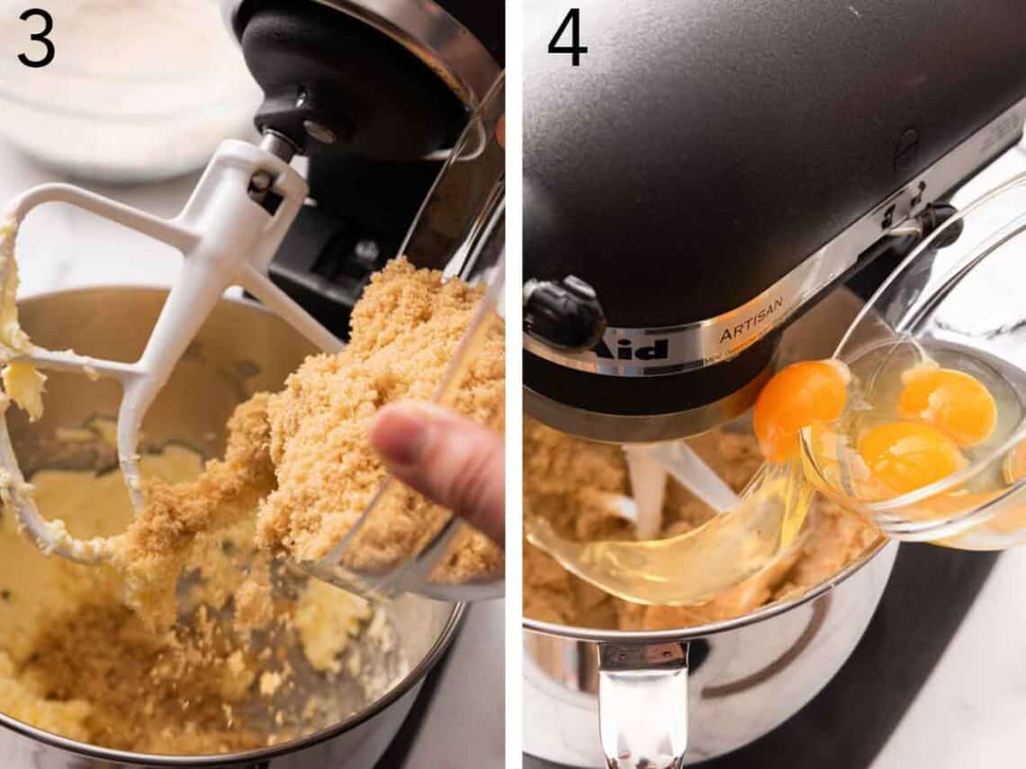 Set of two photos showing sugar and egg added to a mixer.