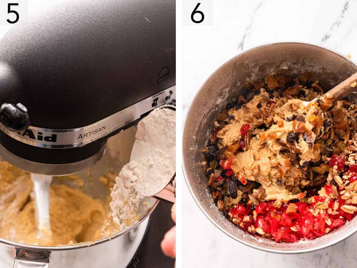 Set of two photos showing flour mixture added to the mixer then soaked dried fruit stirred into the batter.