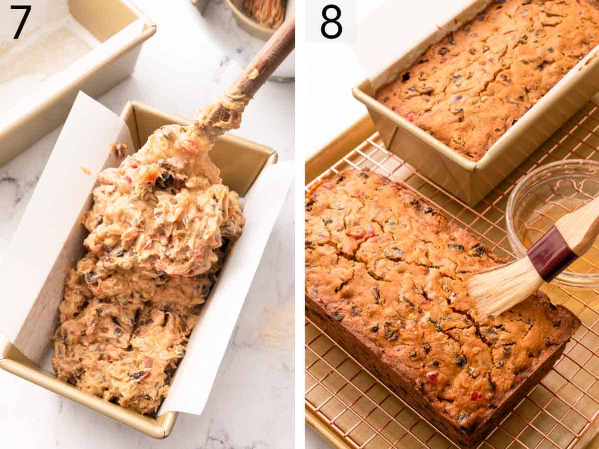 Set of two photos showing batter spooned into a baking pan and alcohol brushed onto the baked loaf.