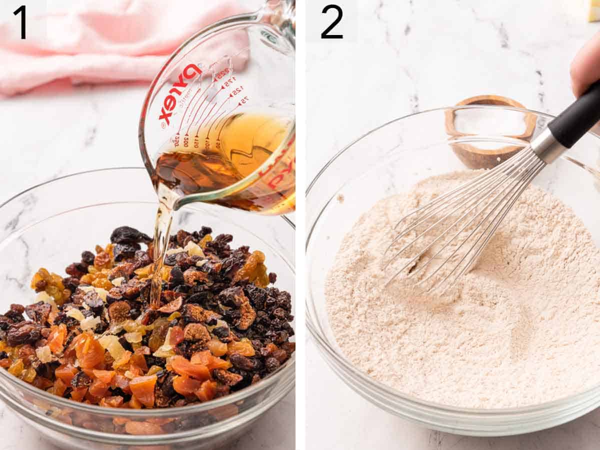 Set of two photos showing liquid added to a bowl of dried fruit and dry ingredients whisked together.