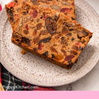 Pinterest graphic of a plate with two slices of fruit cake.