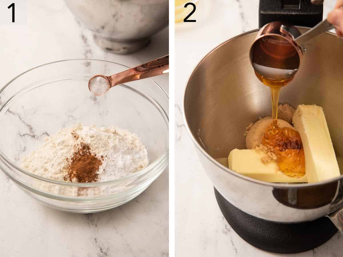 Set of two photos showing dry ingredients added to a bowl and honey added to a mixer with butter and sugar.