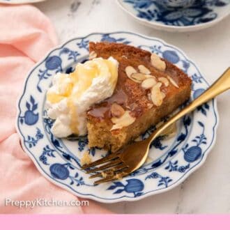 Pinterest graphic of a slice of honey cake with whipped cream on the side with honey drizzled on top.