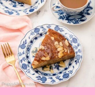 Pinterest graphic of two plates with a slice of honey cake on each and a mug of coffee.