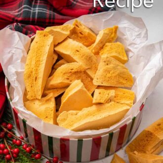 Pinterest graphic of a festive tin lined with paper filled with pieces of honeycomb.
