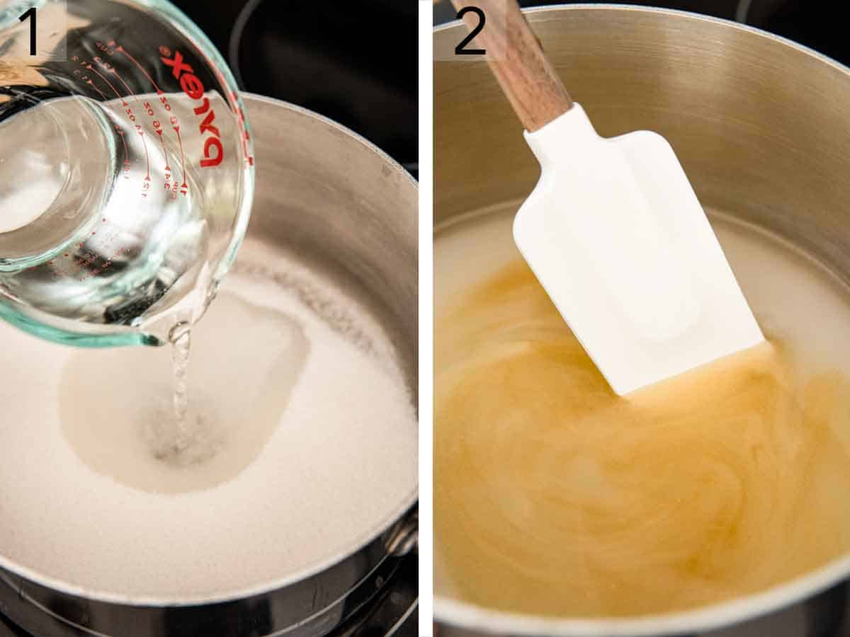 Set of two photos showing water added to a pot of sugar and stirred.