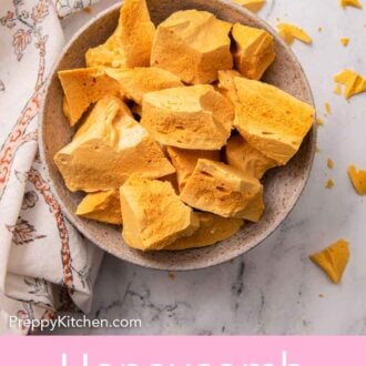 Pinterest graphic of an overhead view of a bowl of pieces of honeycomb.