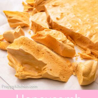 Pinterest graphic of a slab of honeycomb with pieces broken off in front.