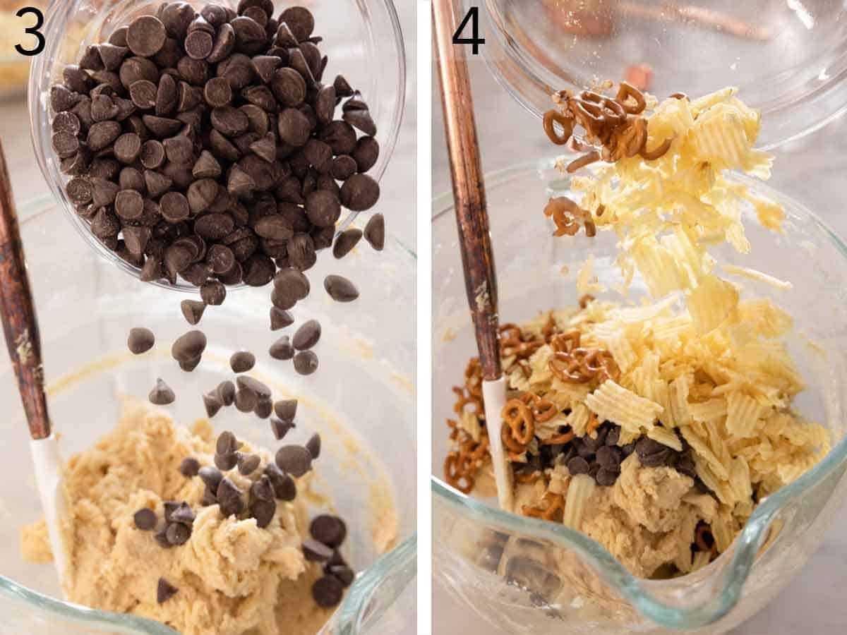 Set of two photos showing chocolate chips, chips, and pretzel added to the batter.