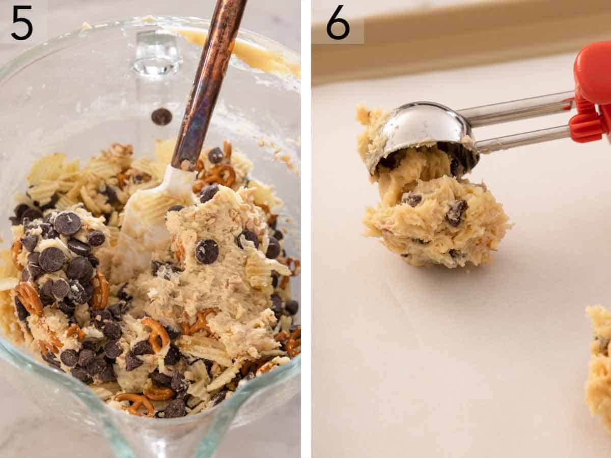 Set of two photos showing batter mixed and scooped onto a lined sheet pan.