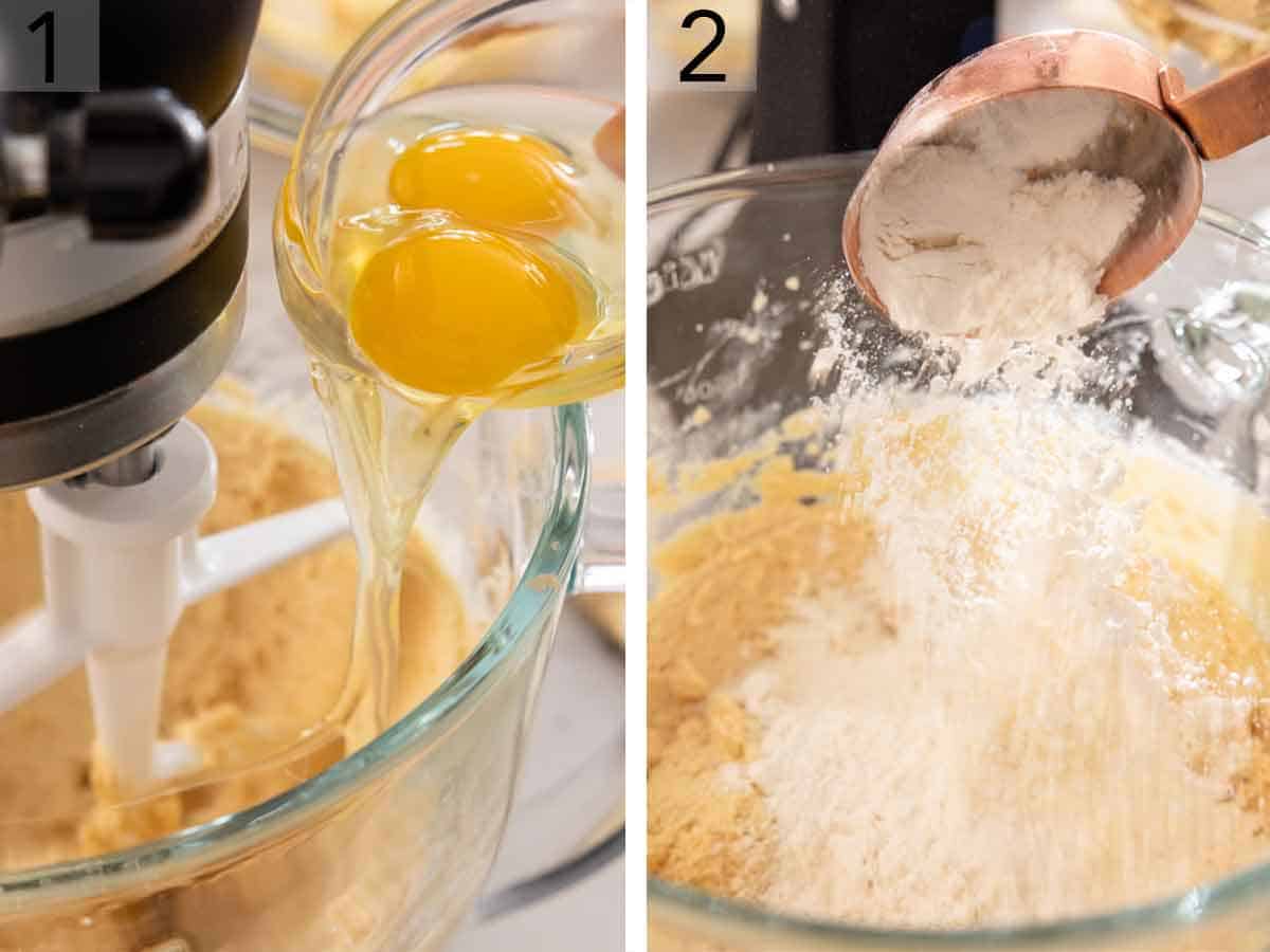 Set of two photos showing eggs added to a mixer and flour poured into the mixing bowl.
