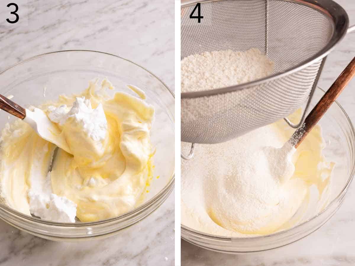 Set of two photos showing egg whites and yolks folded together and dry ingredients sifted in.
