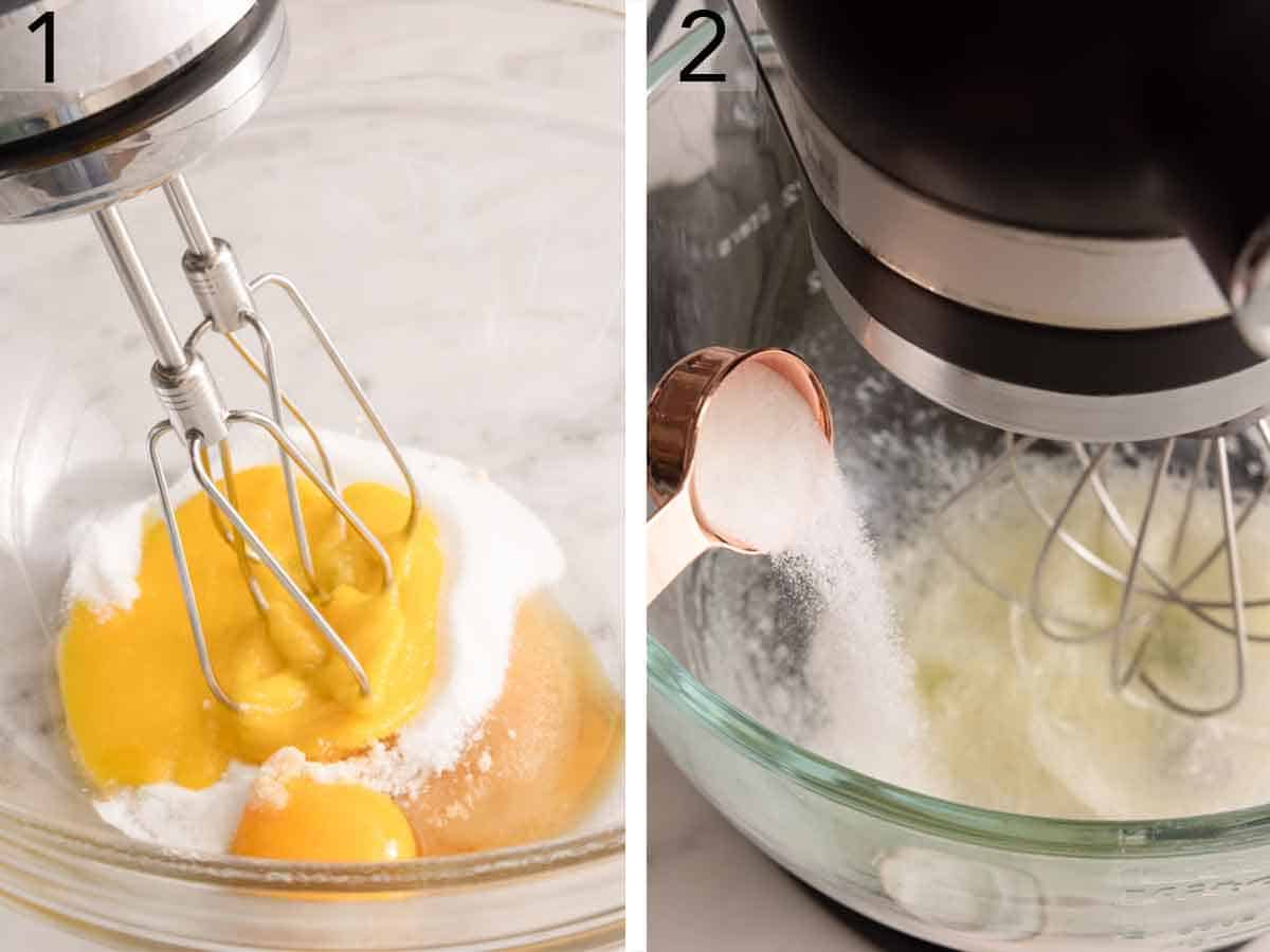 Set of two photos showing egg yolks beaten with sugar and sugar added to a mixer with egg eggs.