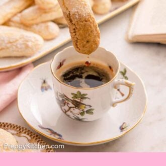 Pinterest graphic of a ladyfinger dipped into a cup of coffee.