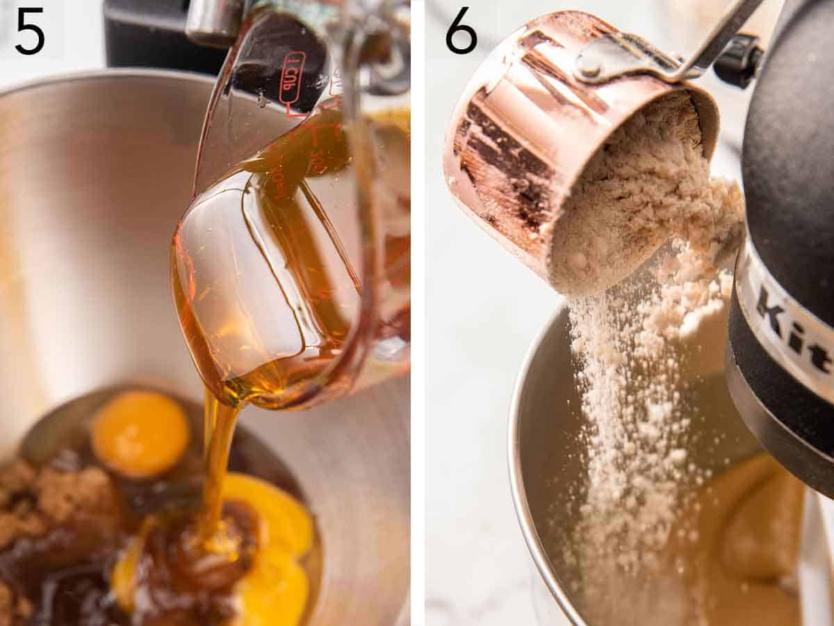 Set of two photos showing honey added to a mixer of egg and brown sugar then flour mixture added.