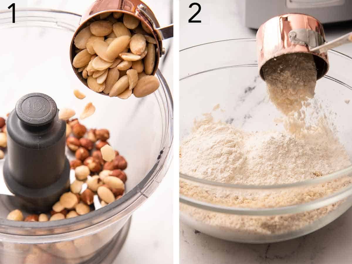 Set of two photos showing nuts added to a food processor and the powder mixed with flour.
