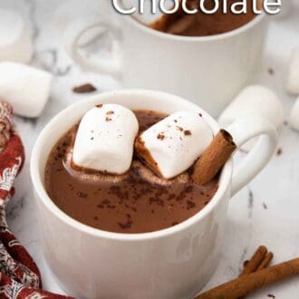 Pinterest graphic of a mug of Mexican hot chocolate topped with two marshmallows and a cinnamon stick with a second mug in the back and more toppings scattered.