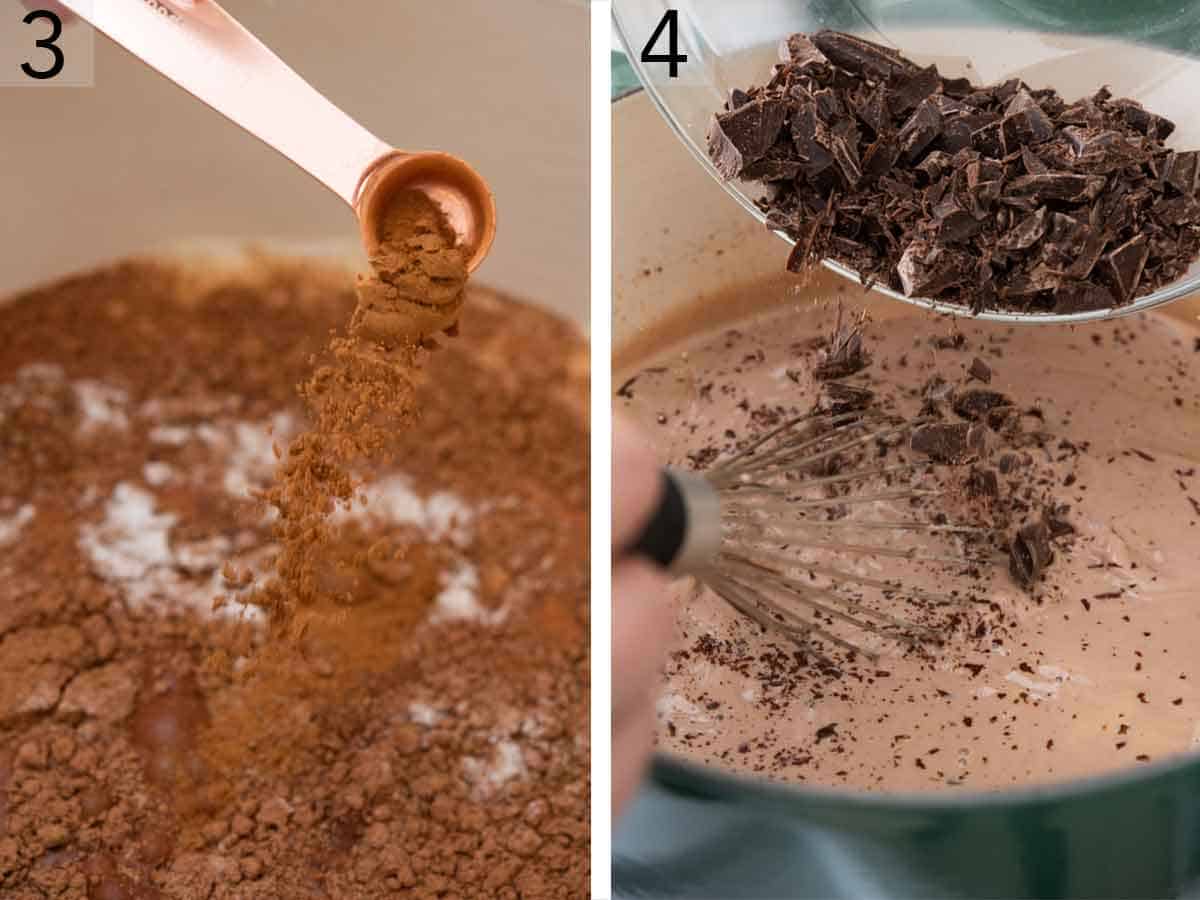 Set of two photos showing cinnamon and chocolate whipped into the sacepan.