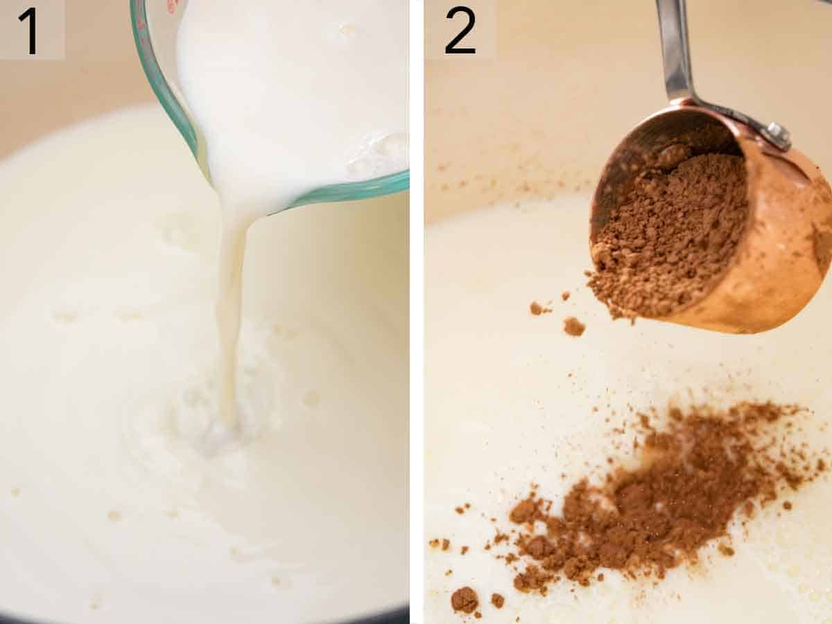 Set of two photos showing milk and cocoa powder combined.