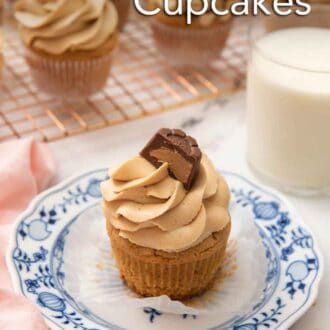 Pinterest graphic of a small plate with a peanut butter cupcake with the paper liner pulled down