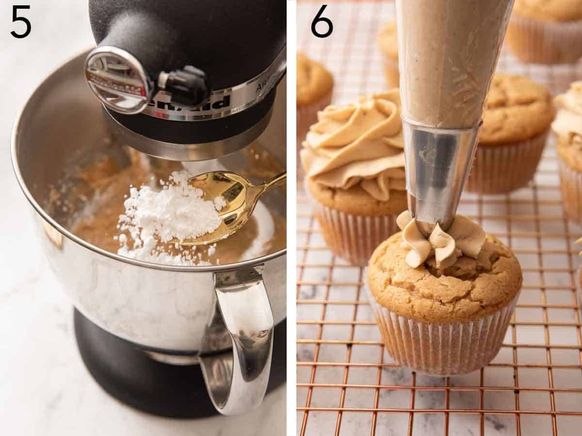 Set of two photos showing powdered sugar added to a mixer and frosting piped over a cupcake.