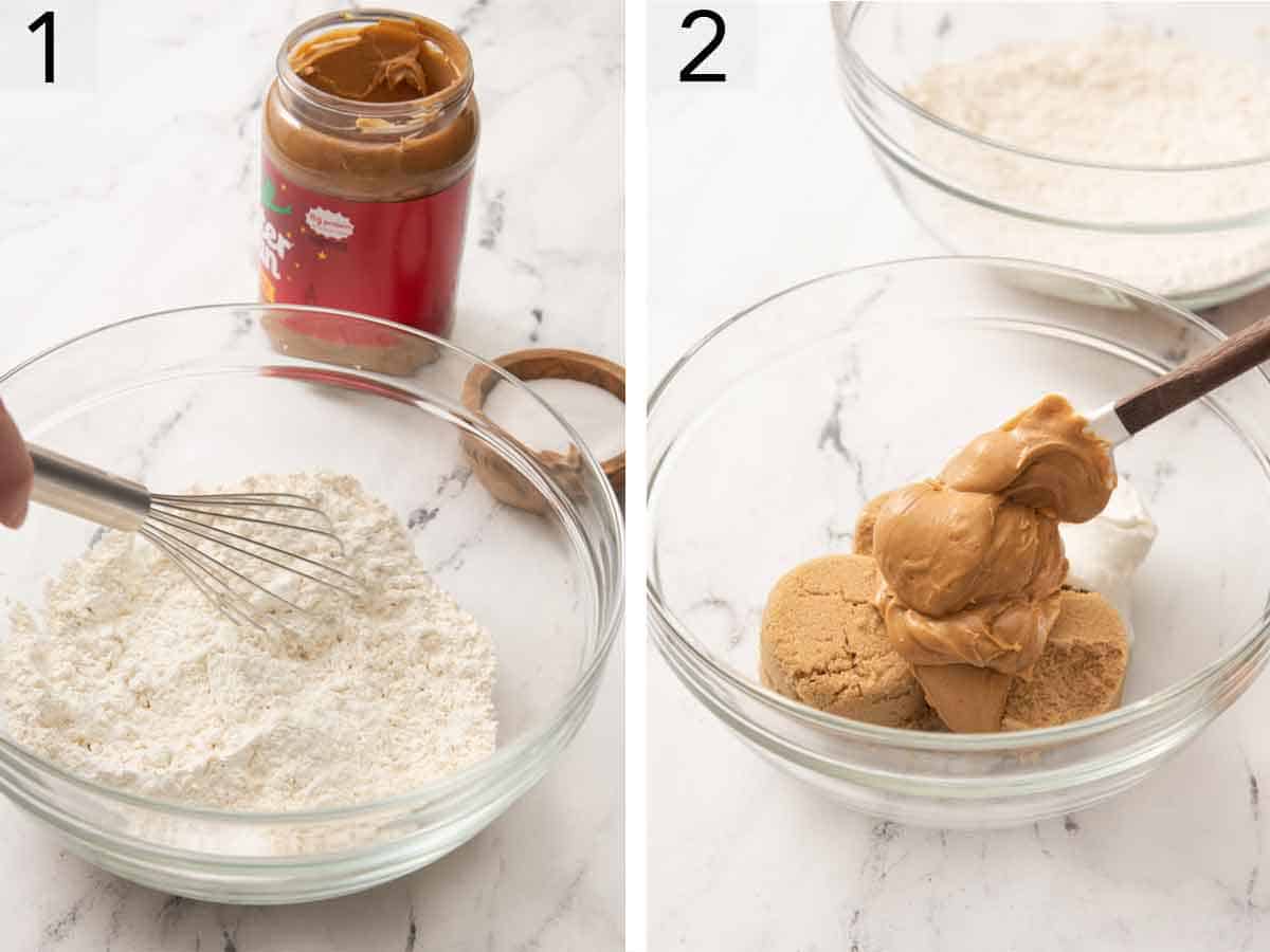 Set of two photos showing dry ingredients whisked together and peanut butter added to the brown sugar.
