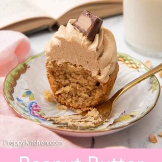 Pinterest graphic of a peanut butter cupcake on a small plate with half of it eaten with a fork beside it.
