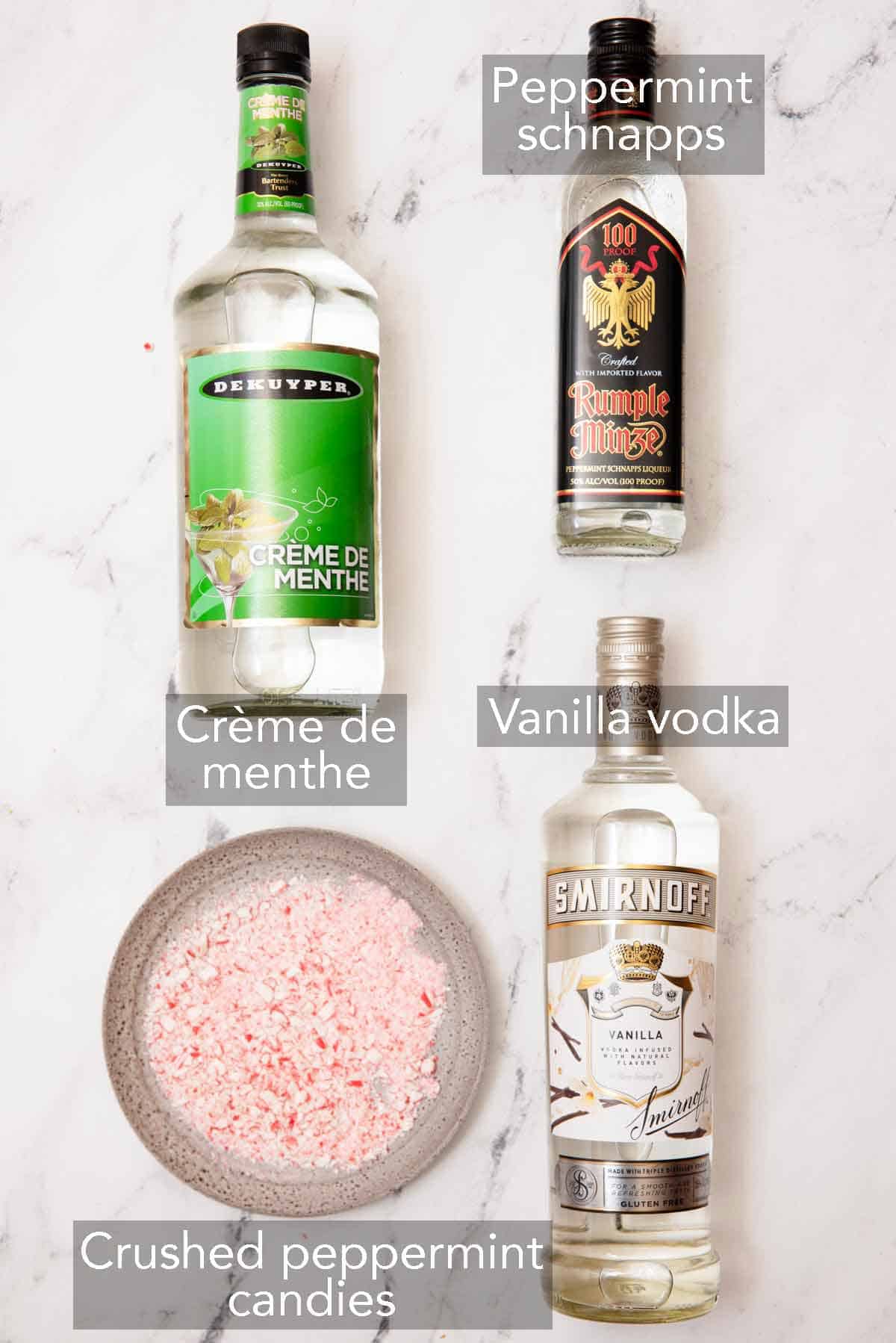 Ingredients needed to make a peppermint martini.
